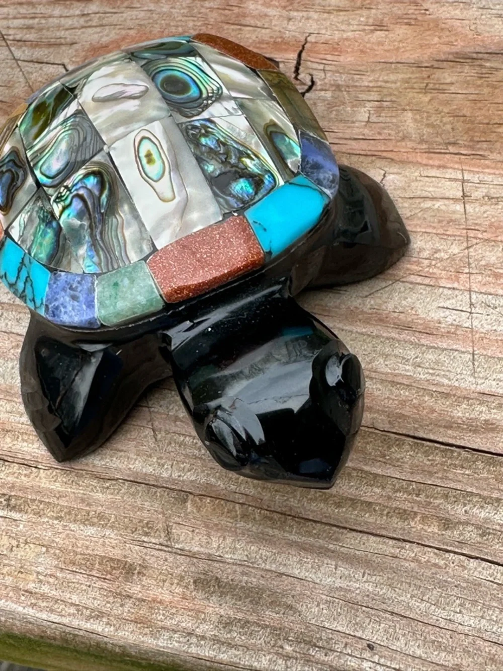 Carved Obsidian Turtle with Multicolor Inlay and Abalone Shell - Picture 5 of 5